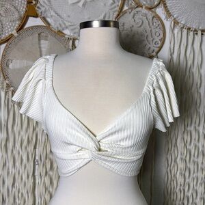 Farm Rio Cream Ribbed Flutter Sleeve Crop Top P(XS)